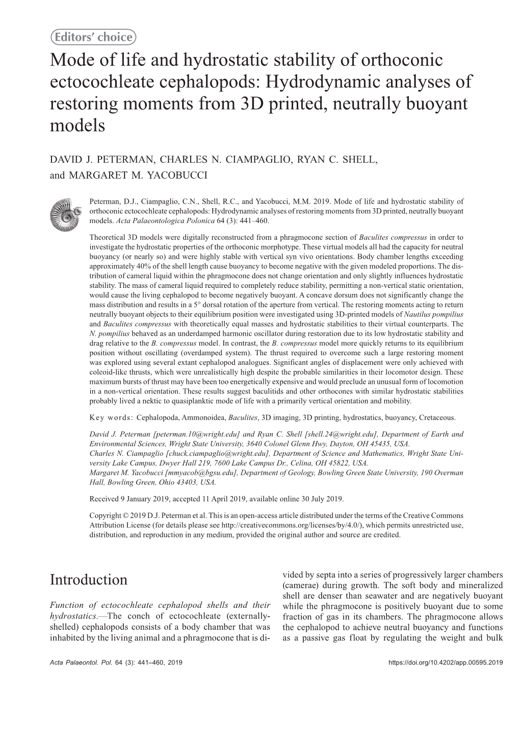 Mode of Life and Hydrostatic Stability of Orthoconic Ectocochleate Cephalopods: Hydrodynamic Analyses of Restoring Moments from 3D Printed, Neutrally Buoyant Models