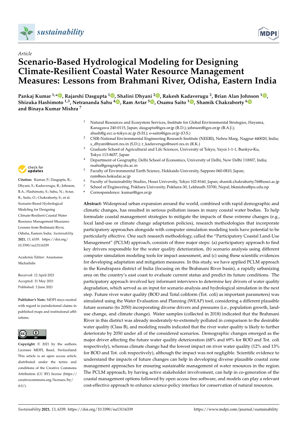 Scenario-Based Hydrological Modeling for Designing Climate-Resilient Coastal Water Resource Management Measures: Lessons from Brahmani River, Odisha, Eastern India