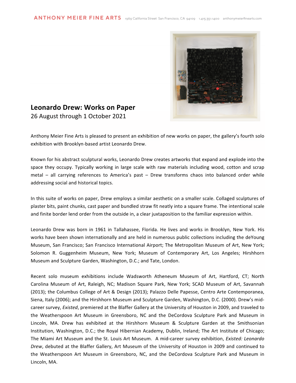 Leonardo Drew: Works on Paper 26 August Through 1 October 2021