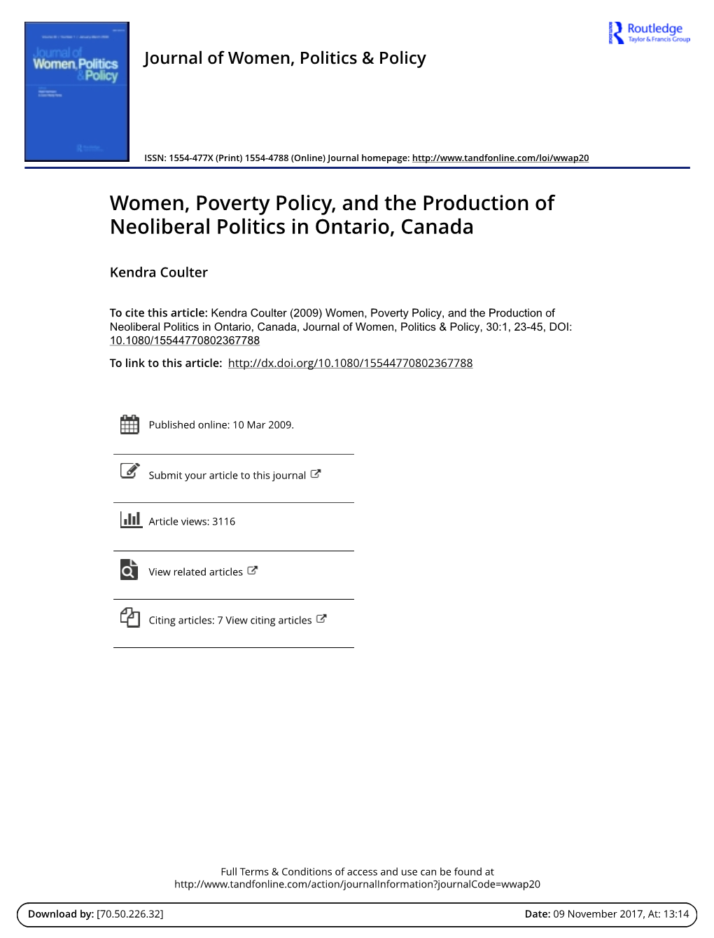 Women, Poverty Policy, and the Production of Neoliberal Politics in Ontario, Canada