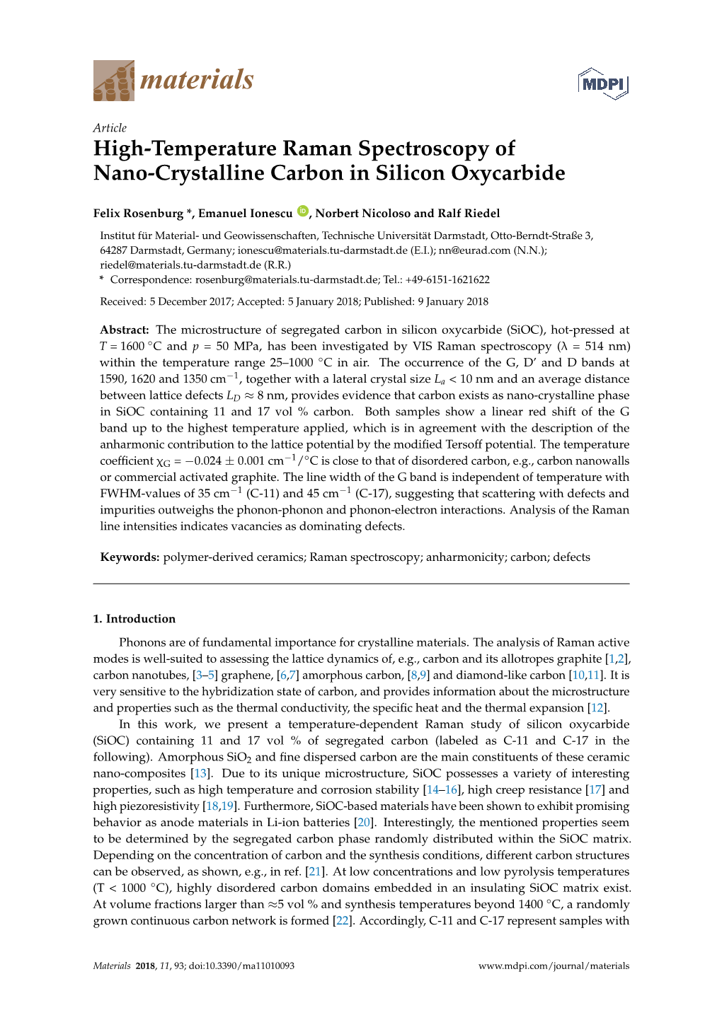 High-Temperature Raman Spectroscopy of Nano-Crystalline Carbon in Silicon Oxycarbide