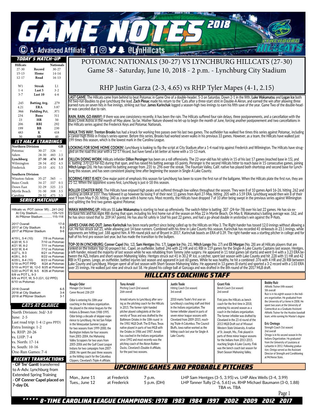 UPCOMING GAMES and PROBABLE PITCHERS POTOMAC NATIONALS (30-27) VS LYNCHBURG HILLCATS (27-30) Game 58