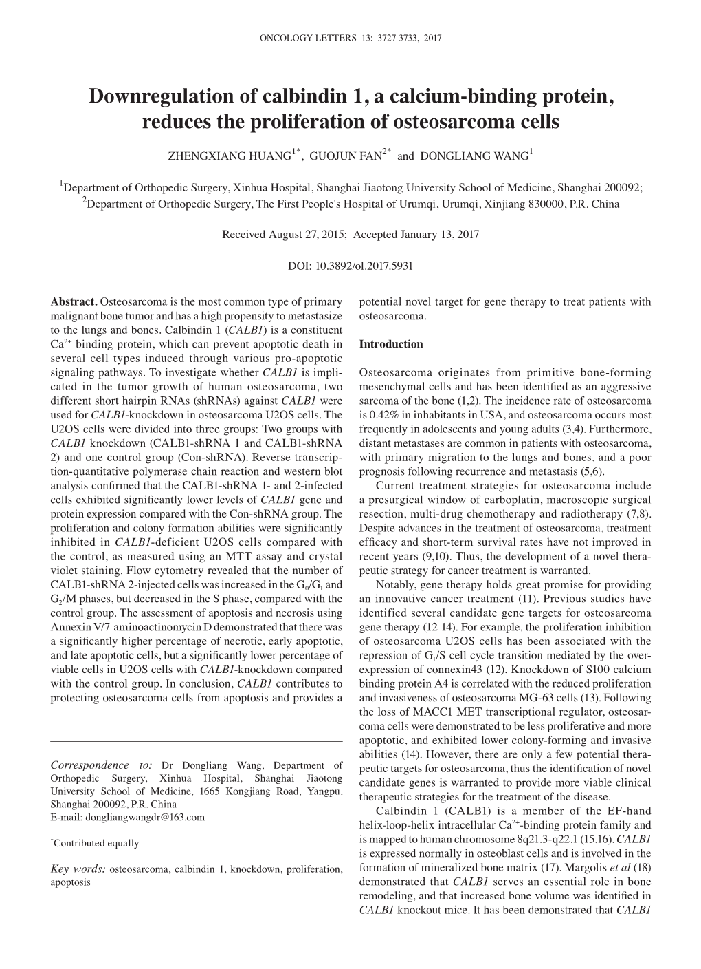 Downregulation of Calbindin 1, a Calcium-Binding Protein, Reduces the Proliferation of Osteosarcoma Cells