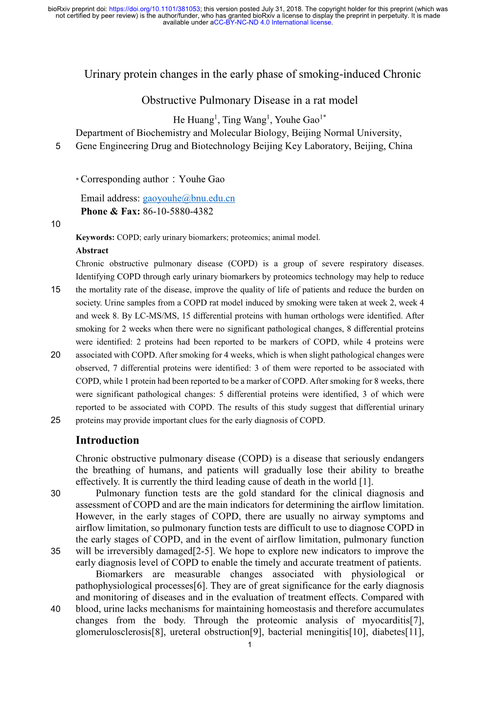 Urinary Protein Changes in the Early Phase of Smoking-Induced Chronic