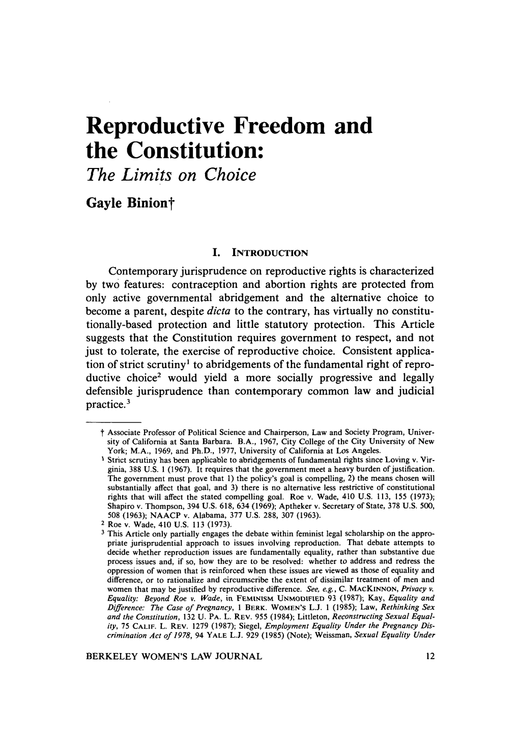 Reproductive Freedom and the Constitution: the Limits on Choice Gayle Biniont