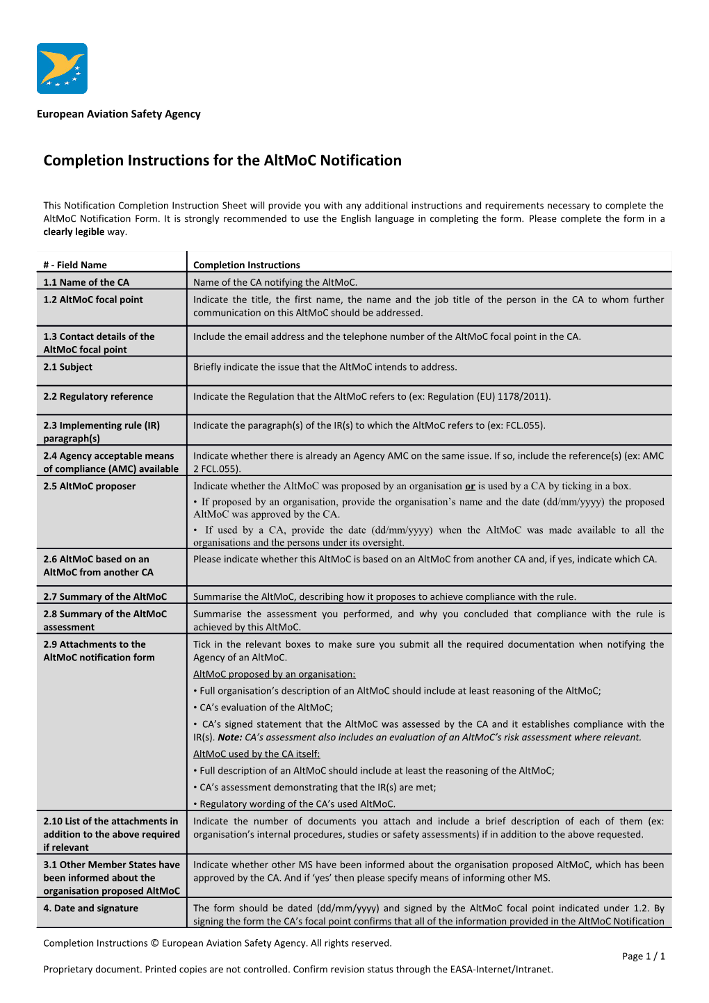 Completion Instructions for the Altmoc Notification