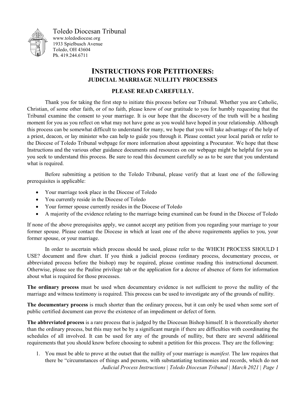 Toledo Diocesan Tribunal INSTRUCTIONS for PETITIONERS
