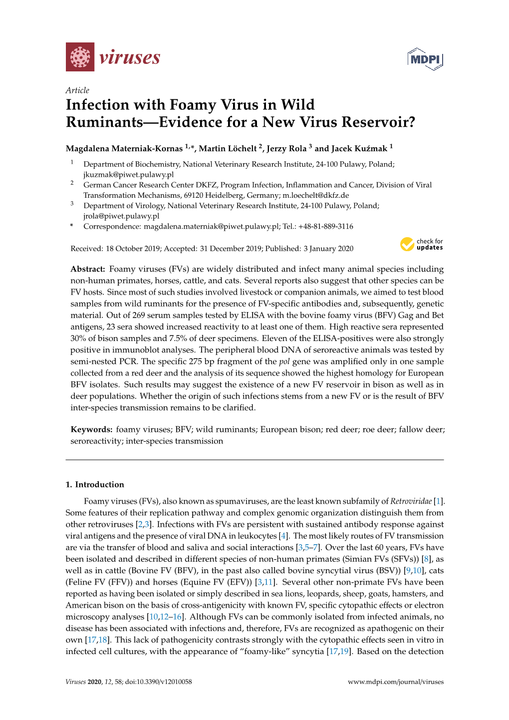 Infection with Foamy Virus in Wild Ruminants—Evidence for a New Virus Reservoir?