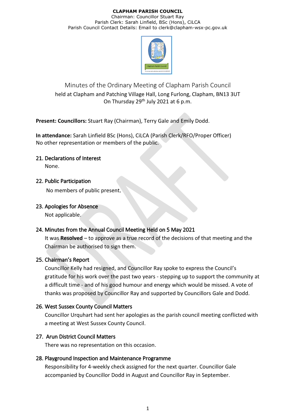 Minutes of the Ordinary Meeting of Clapham Parish Council 29 July 2021