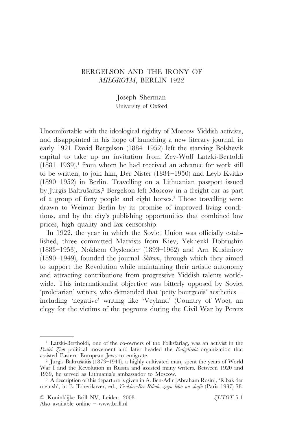 BERGELSON and the IRONY of MILGROYM, BERLIN 1922 Joseph