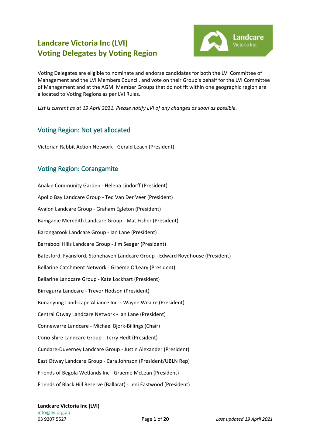 Landcare Victoria Inc (LVI) Voting Delegates by Voting Region