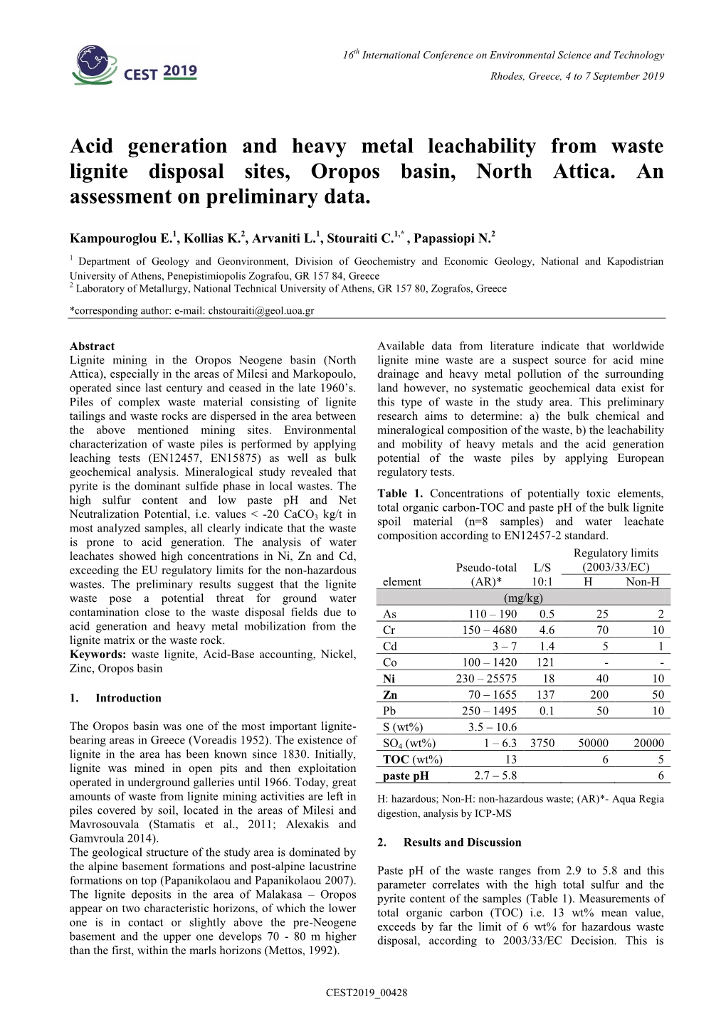 Acid Generation and Heavy Metal Leachability from Waste Lignite Disposal Sites, Oropos Basin, North Attica