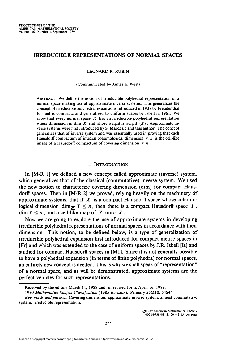 Irreducible Representations of Normal Spaces