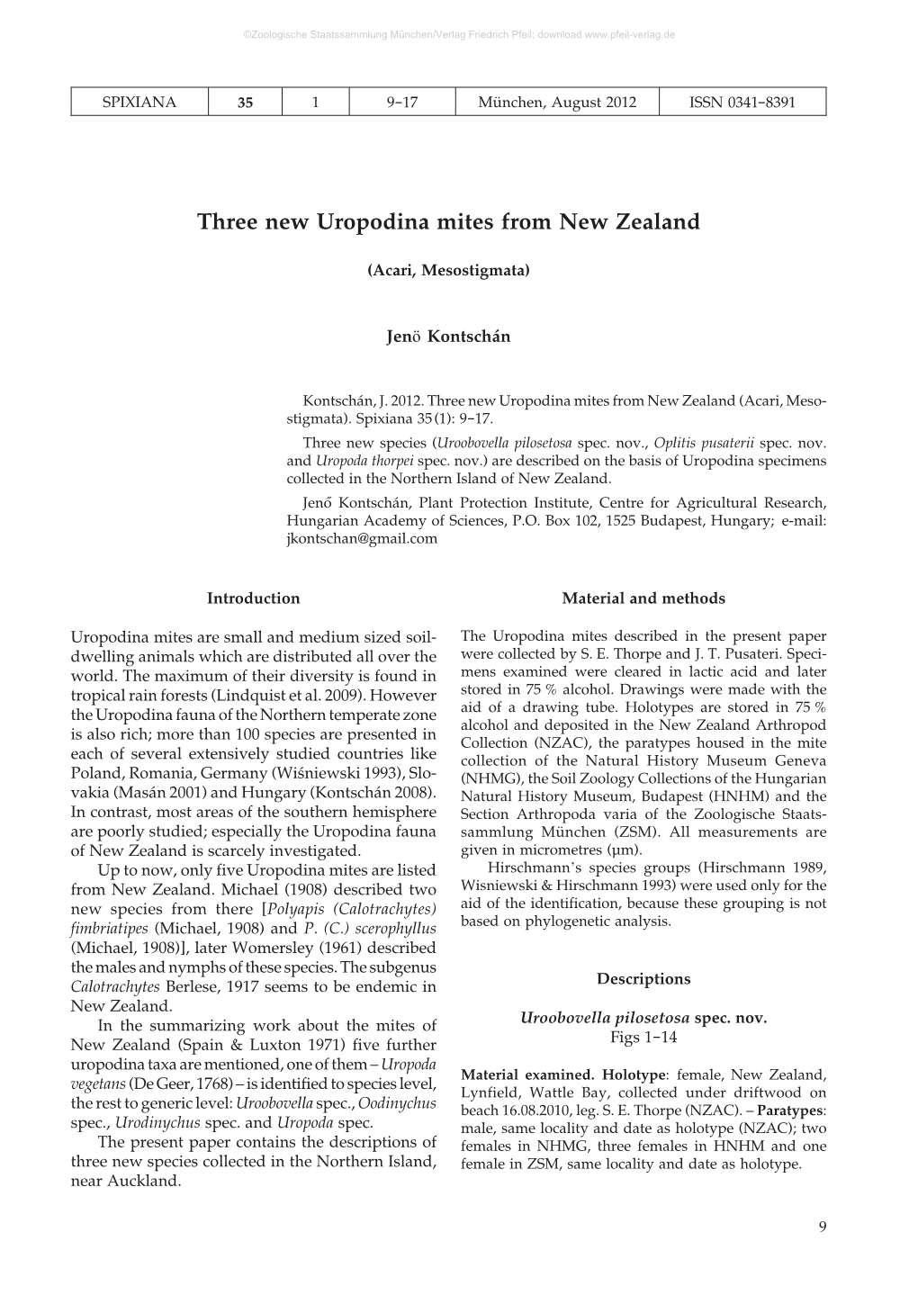 Three New Uropodina Mites from New Zealand