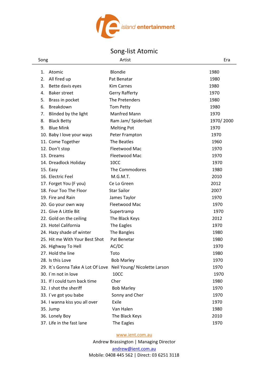 Song-List Atomic Song Artist Era