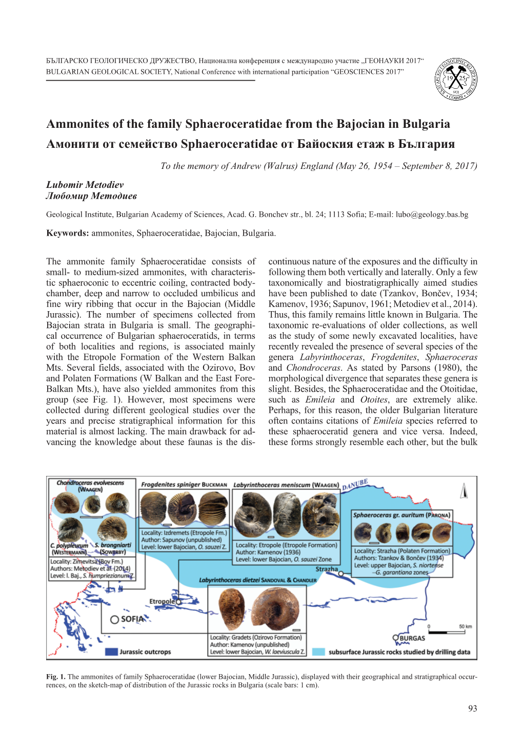 Ammonites of the Family Sphaeroceratidae from the Bajocian in Bulgaria Амонити От Семейство Sphaeroceratidae От Байоския Етаж В България