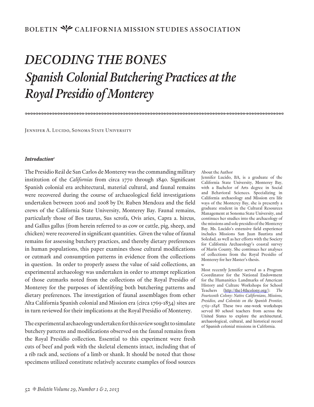 DECODING the BONES Spanish Colonial Butchering Practices at the Royal Presidio of Monterey