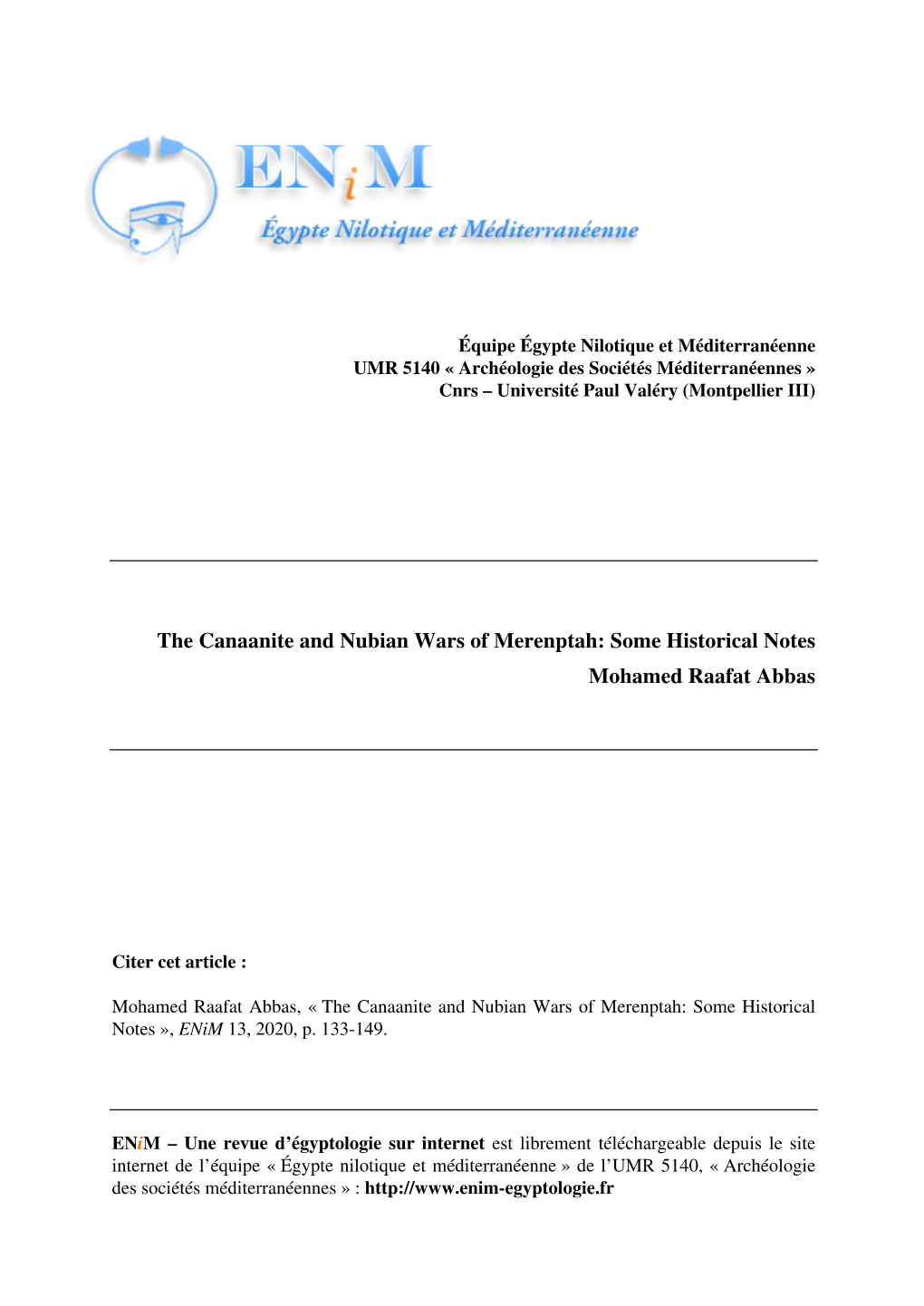 The Canaanite and Nubian Wars of Merenptah: Some Historical Notes Mohamed Raafat Abbas