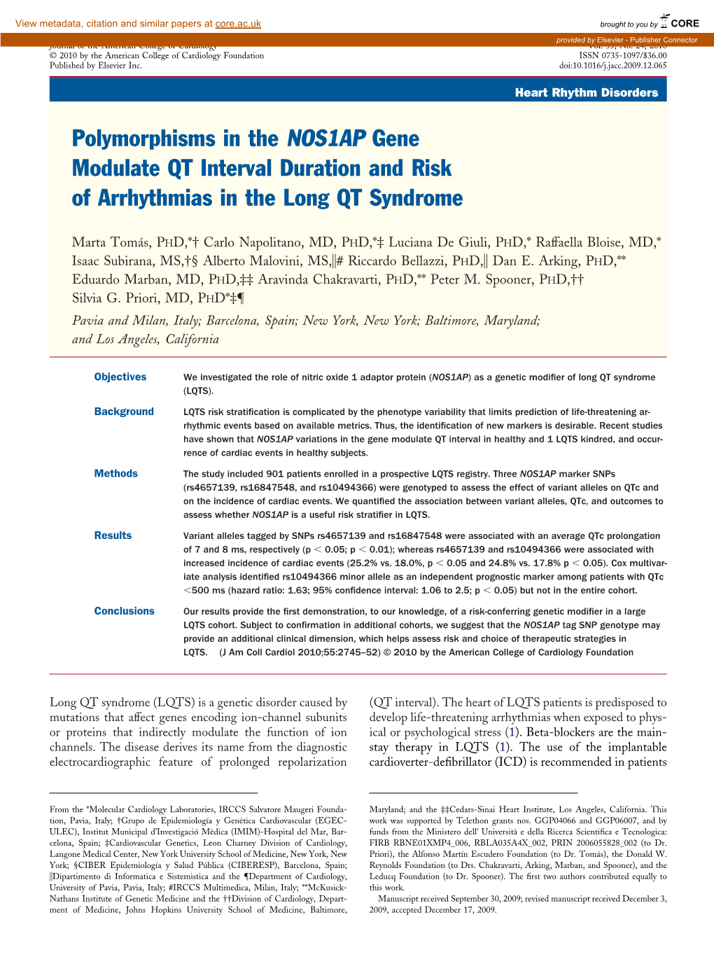 Polymorphisms in the NOS1AP Gene Modulate QT Interval Duration and Risk of Arrhythmias in the Long QT Syndrome