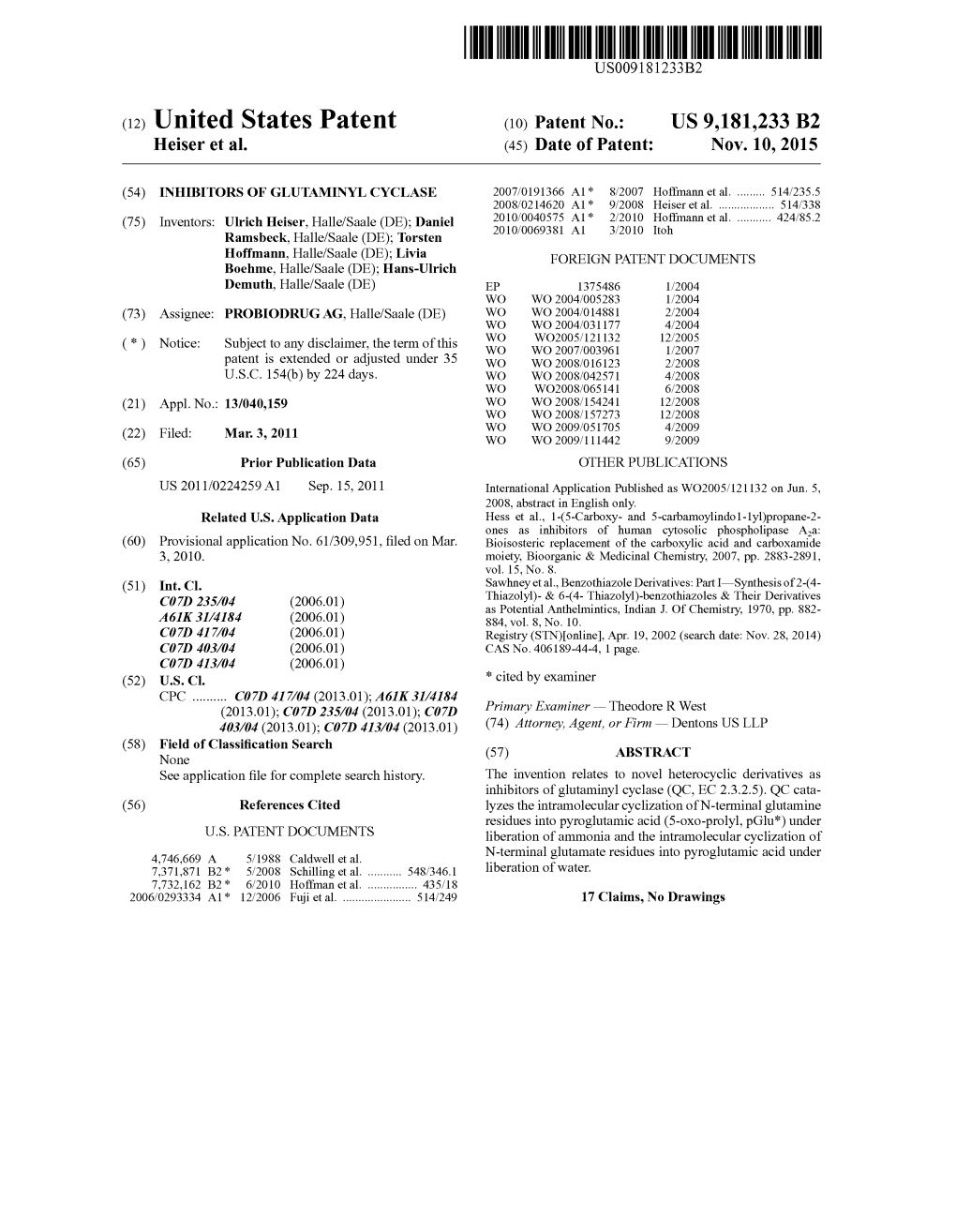 (12) United States Patent (10) Patent No.: US 9,181.233 B2 Heiser Et Al