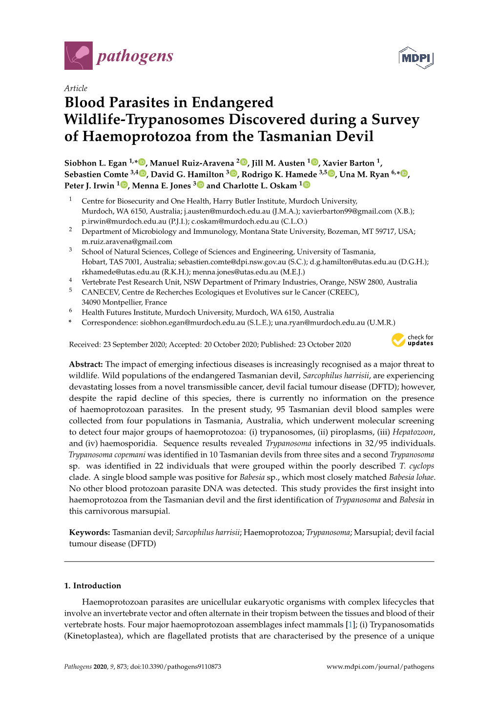 Blood Parasites in Endangered Wildlife-Trypanosomes Discovered During a Survey of Haemoprotozoa from the Tasmanian Devil