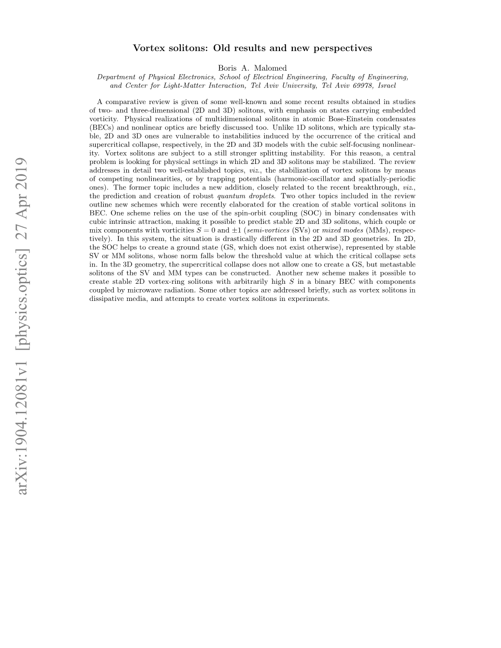 Arxiv:1904.12081V1 [Physics.Optics] 27 Apr 2019 2