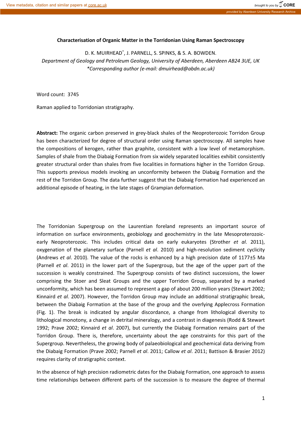 1 Characterisation of Organic Matter in the Torridonian Using Raman