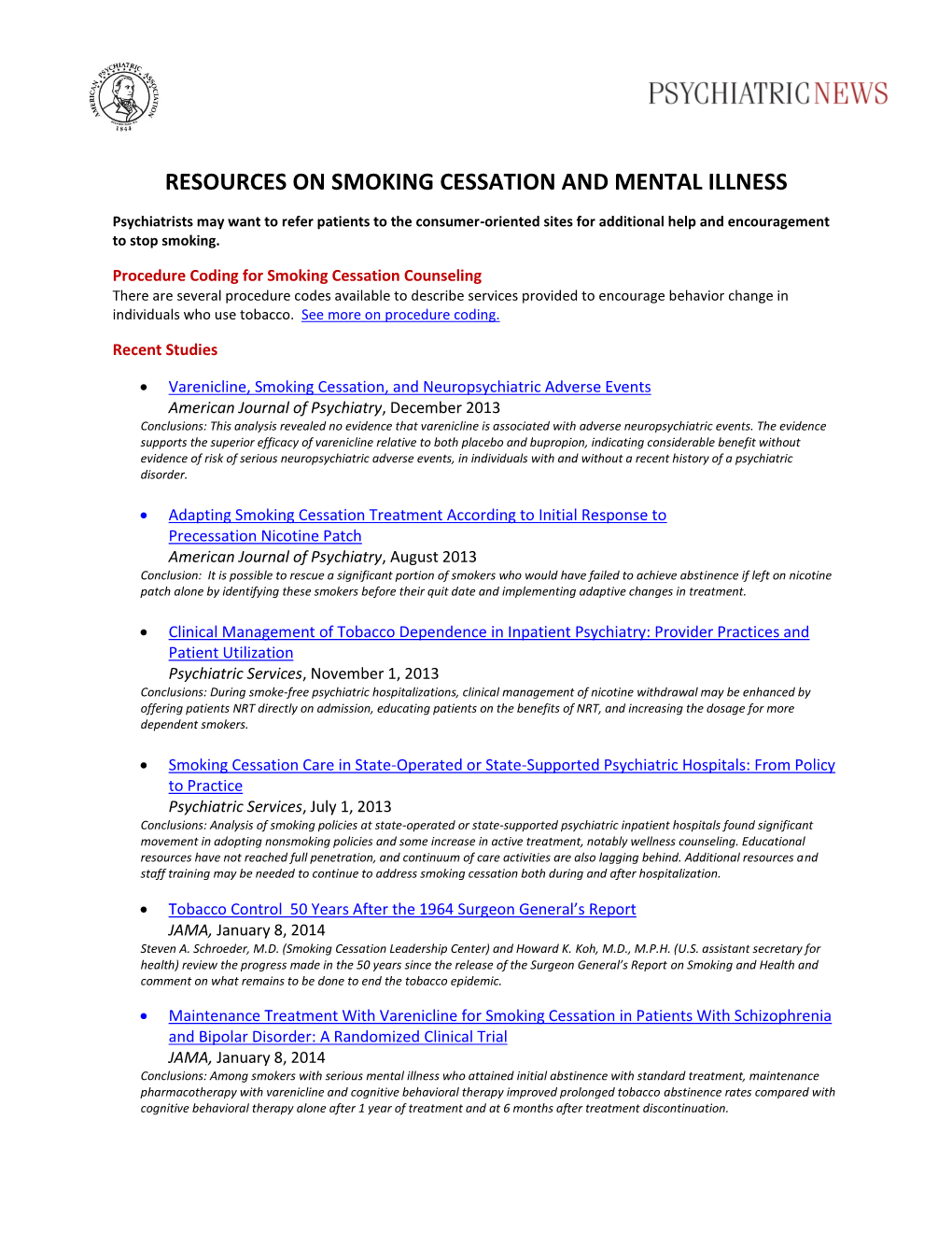 Resources on Smoking Cessation and Mental Illness