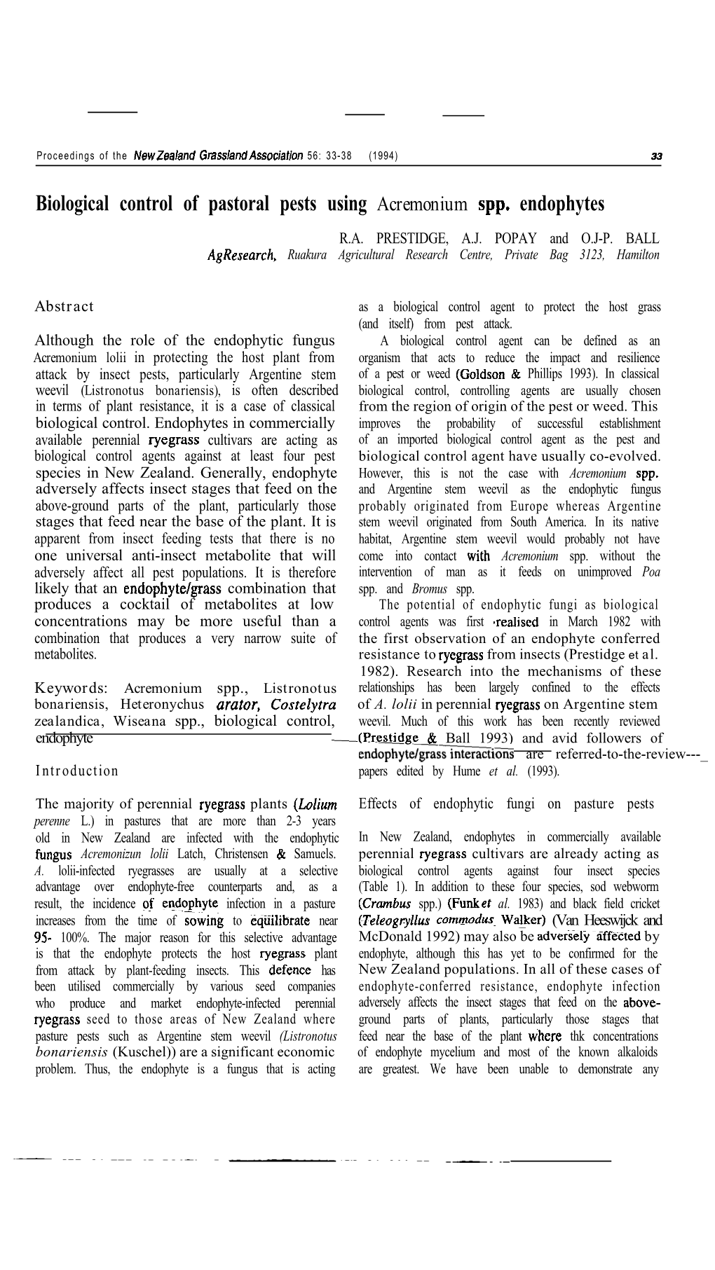 Biological Control of Pastoral Pests Using Acremonium Spp. Endophytes