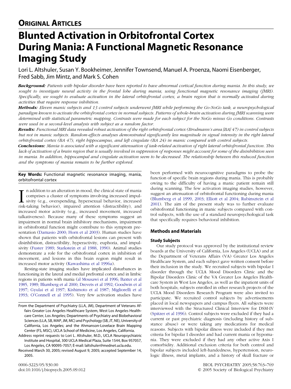 Blunted Activation in Orbitofrontal Cortex During Mania: a Functional Magnetic Resonance Imaging Study Lori L