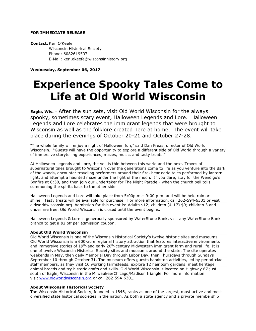 Experience Spooky Tales Come to Life at Old World Wisconsin