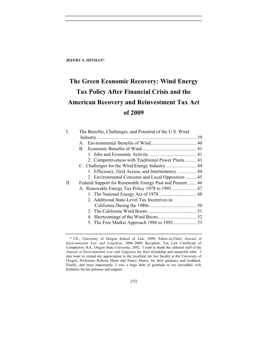 The Green Economic Recovery: Wind Energy Tax Policy After Financial Crisis and the American Recovery and Reinvestment Tax Act of 2009