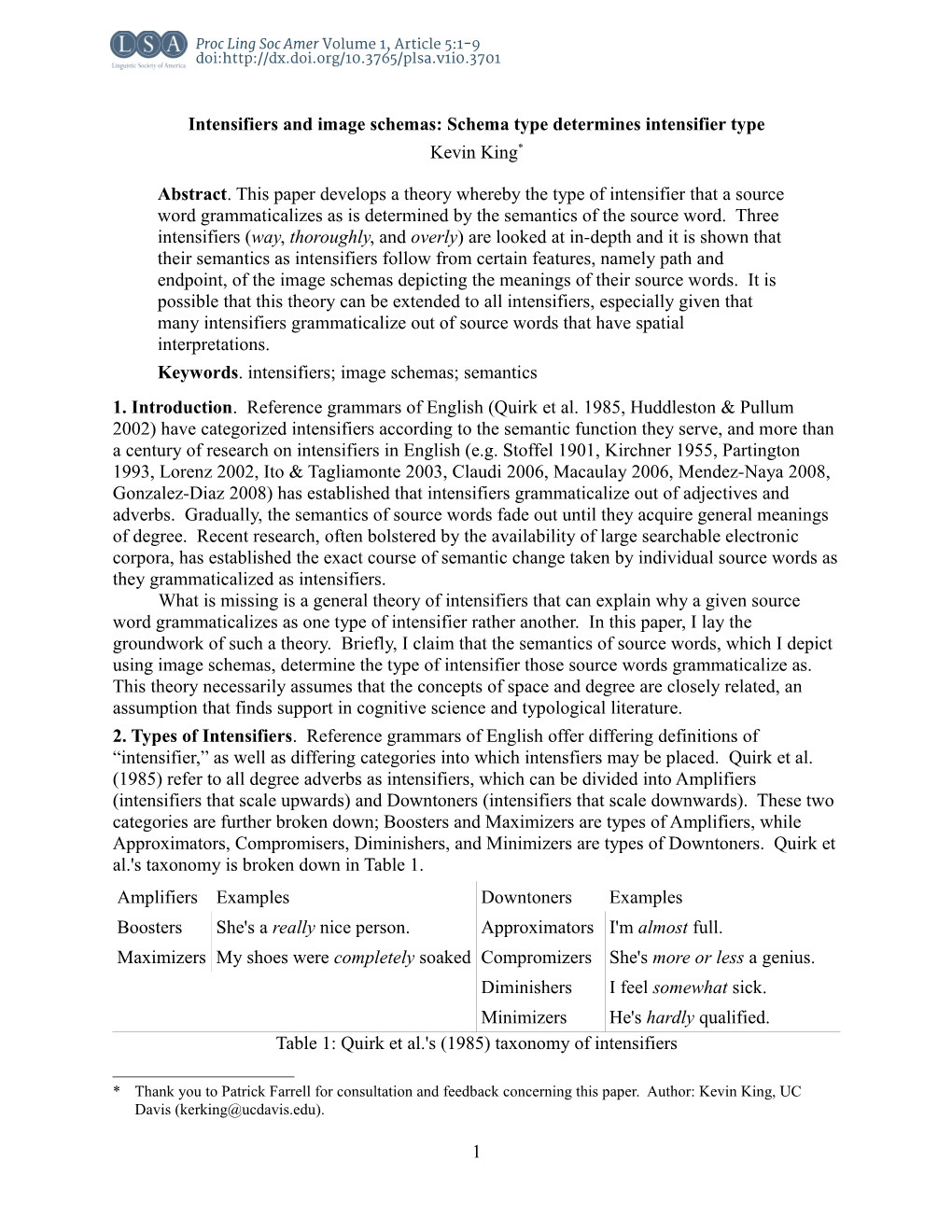 Intensifiers and Image Schemas: Schema Type Determines Intensifier Type Kevin King*