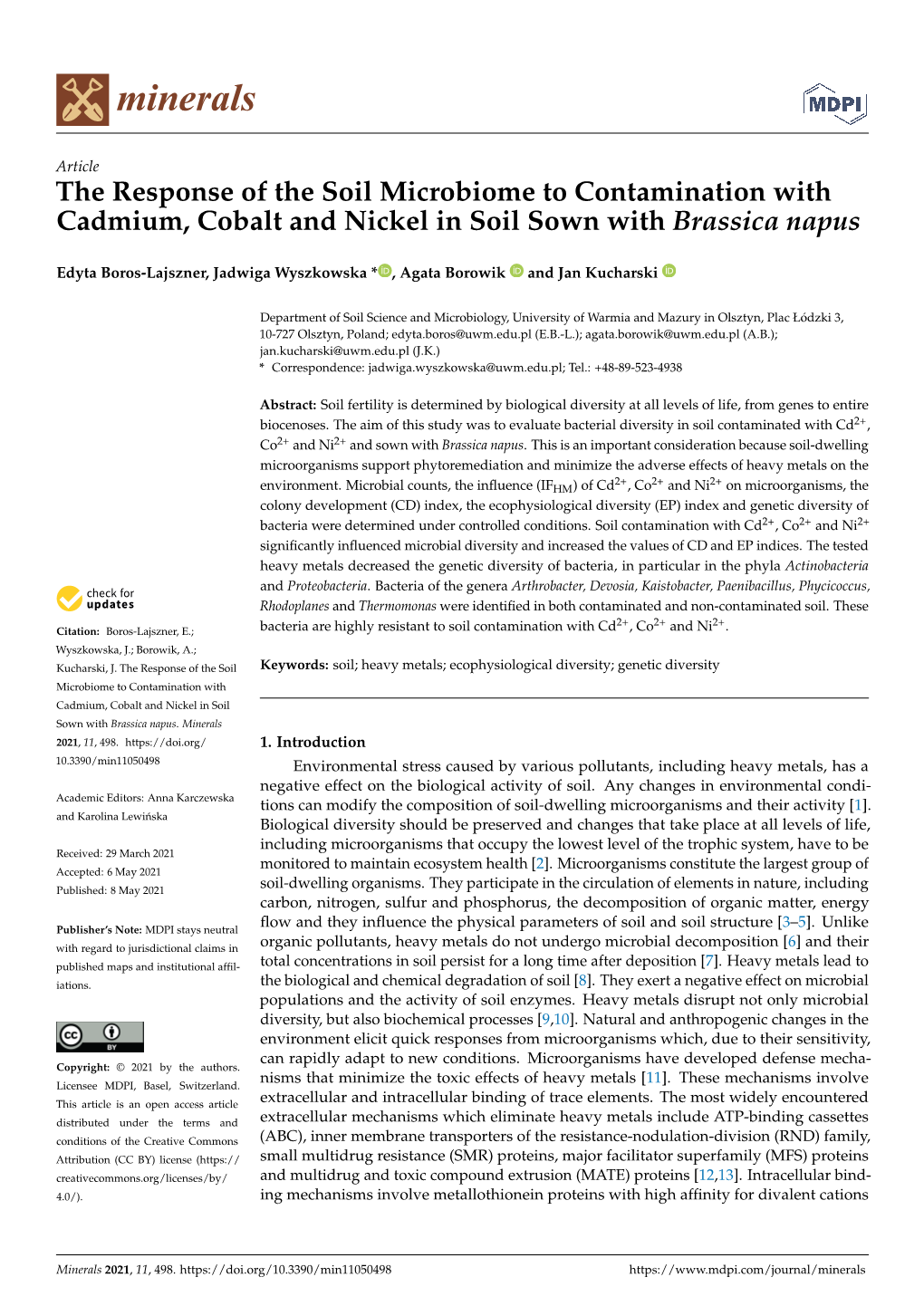 The Response of the Soil Microbiome to Contamination with Cadmium, Cobalt and Nickel in Soil Sown with Brassica Napus