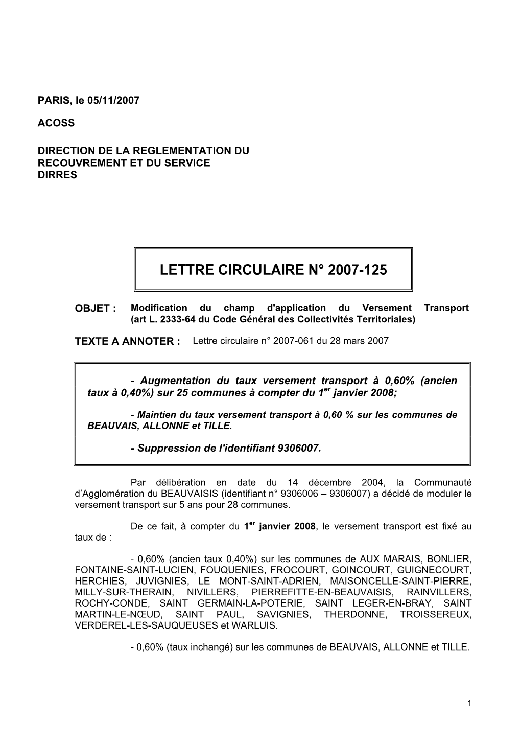 Lettre Circulaire N° 2007-125