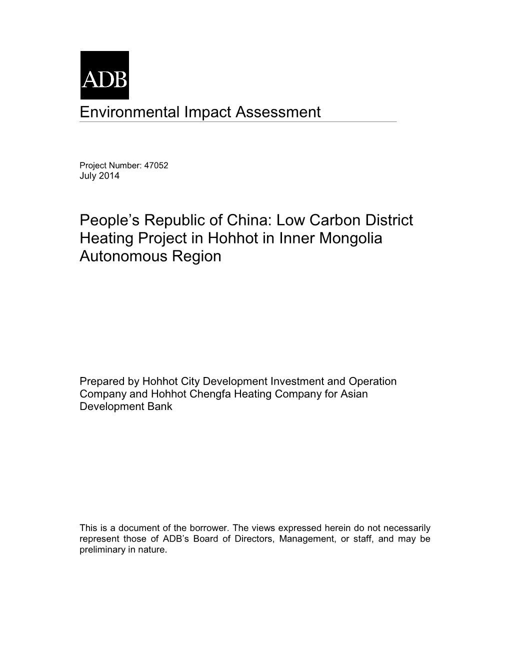 47052-002: Low-Carbon District Heating Project in Hohhot in Inner