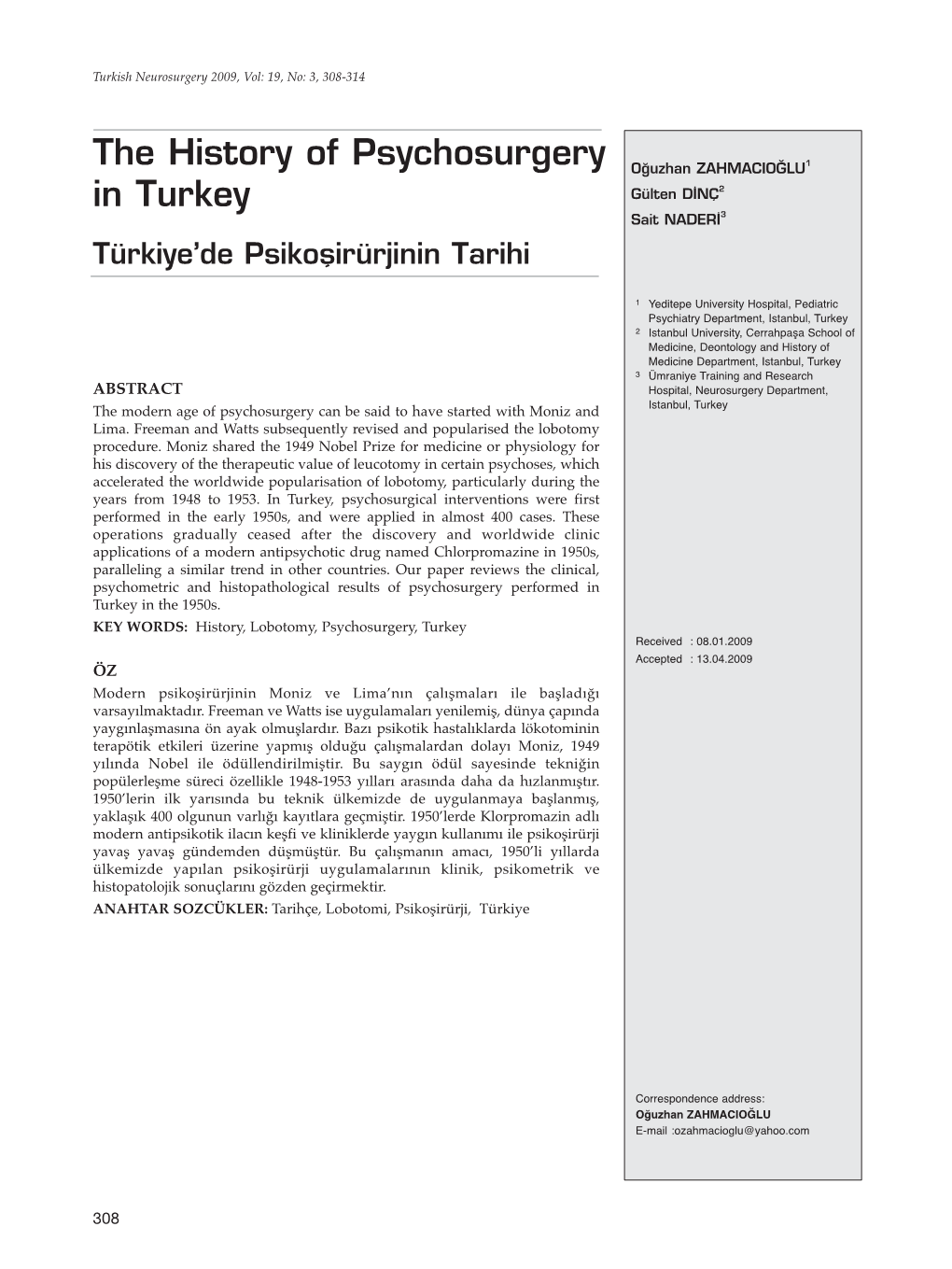 The History of Psychosurgery in Turkey