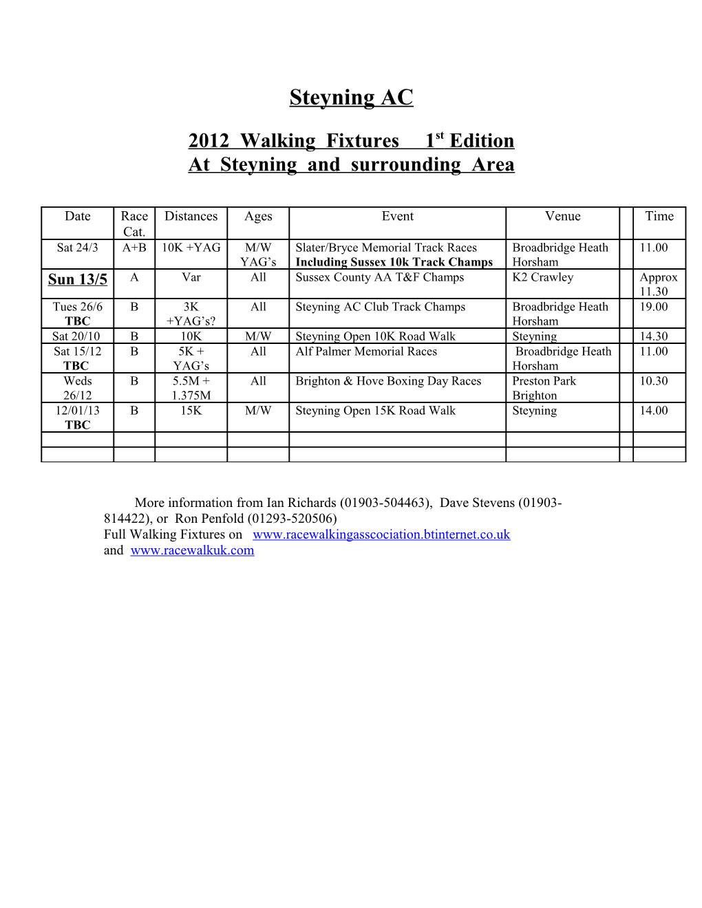 Steyning AC Winter 2007/08 Walking Fixtures