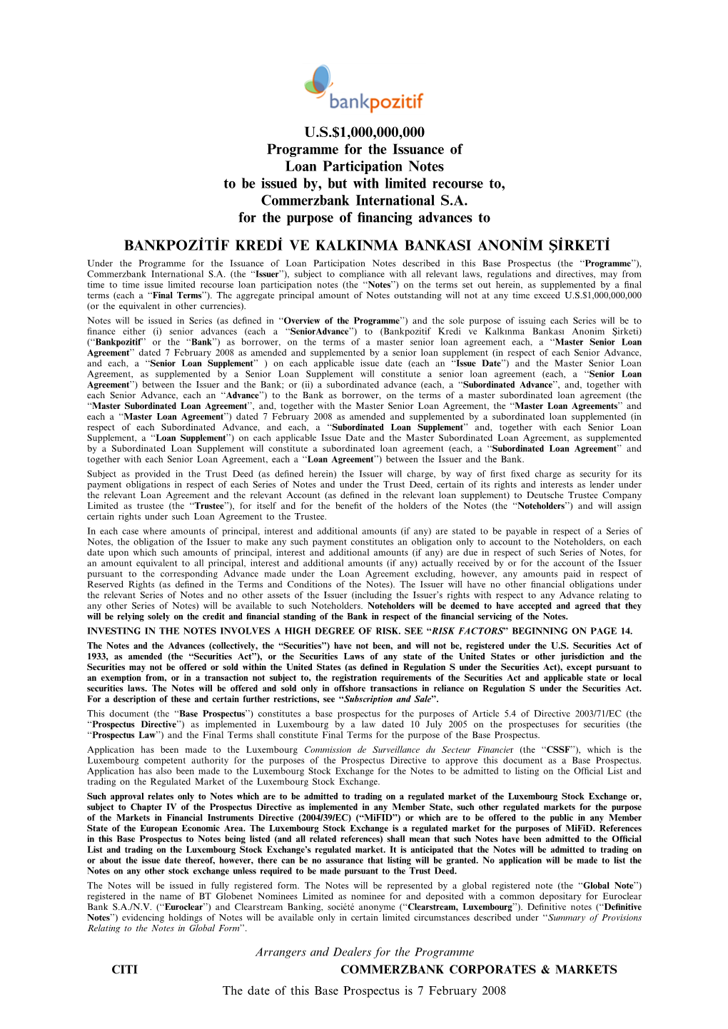 U.S.$1,000,000,000 Programme for the Issuance of Loan Participation Notes to Be Issued By, but with Limited Recourse To, Commerzbank International S.A