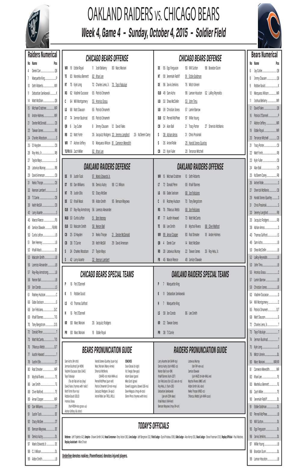 OAKLAND RAIDERS VS. CHICAGO BEARS Week 4, Game 4 – Sunday, October 4, 2015 – Soldier Field