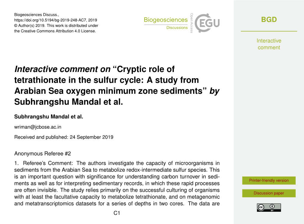 Cryptic Role of Tetrathionate in the Sulfur Cycle: a Study from Arabian Sea Oxygen Minimum Zone Sediments” by Subhrangshu Mandal Et Al