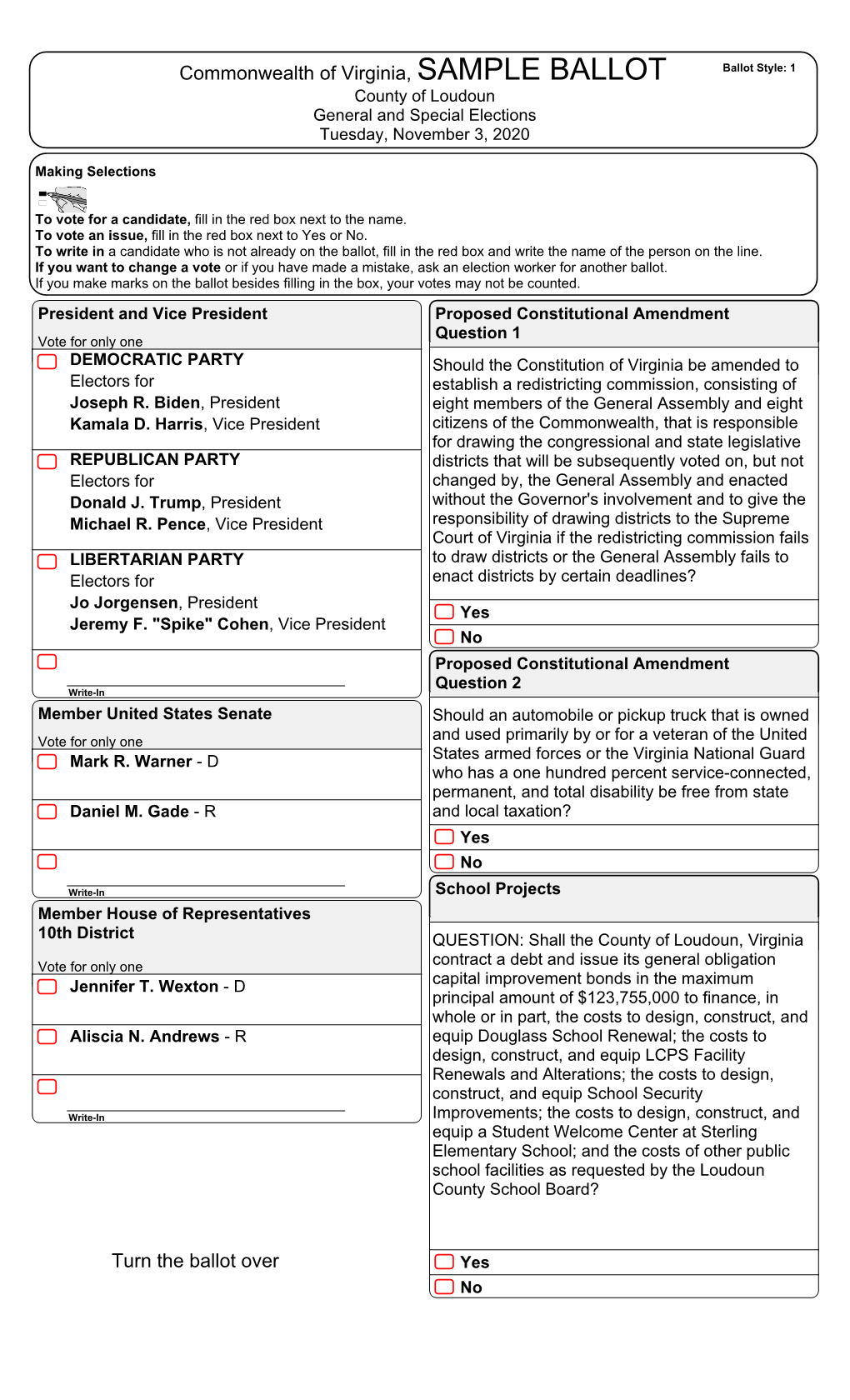 Commonwealth of Virginia, SAMPLE BALLOT Ballot Style: 1 County of Loudoun General and Special Elections Tuesday, November 3, 2020