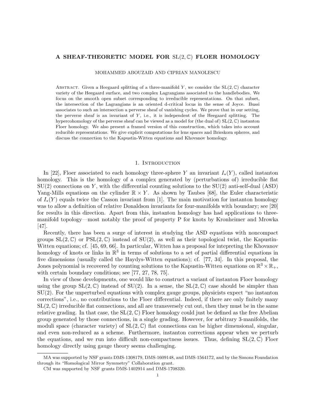 A SHEAF-THEORETIC MODEL for SL(2,C) FLOER HOMOLOGY 1. Introduction In