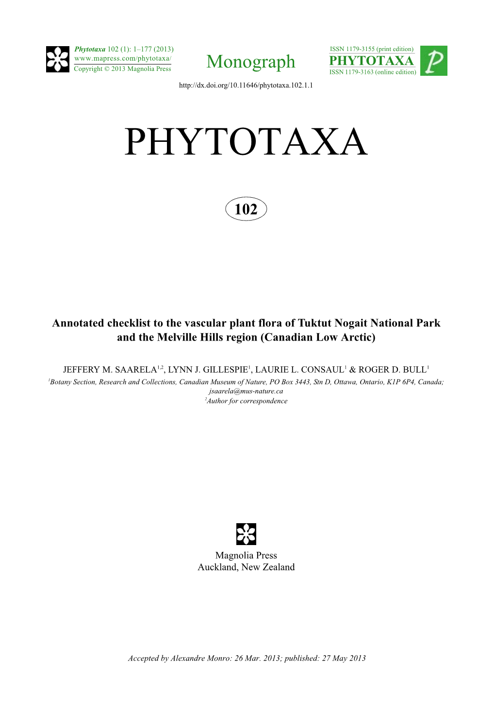 Annotated Checklist to the Vascular Plant Flora of Tuktut Nogait National Park and the Melville Hills Region (Canadian Low Arctic)