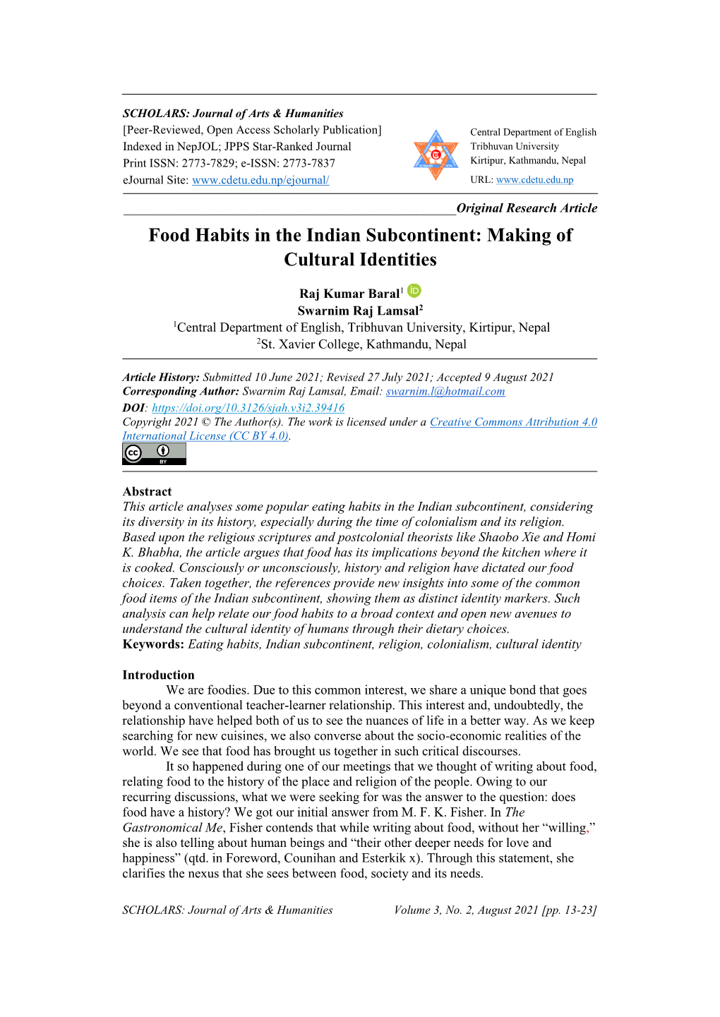 Food Habits in the Indian Subcontinent: Making of Cultural