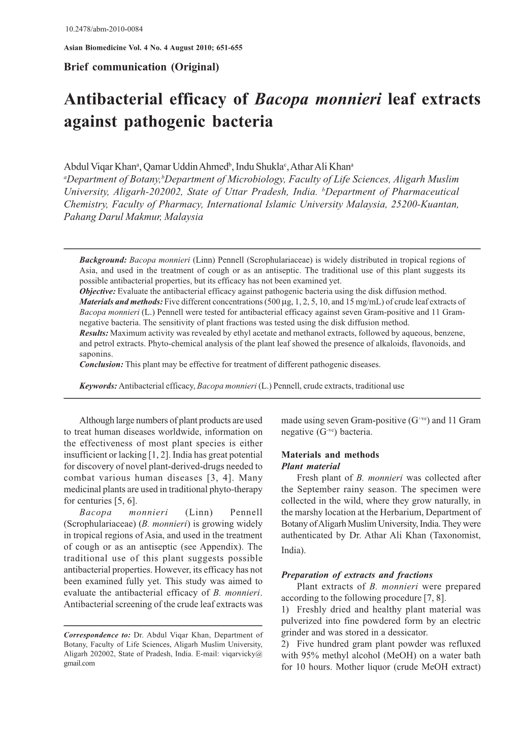 Antibacterial Efficacy of Bacopa Monnieri Leaf Extracts Against Pathogenic Bacteria