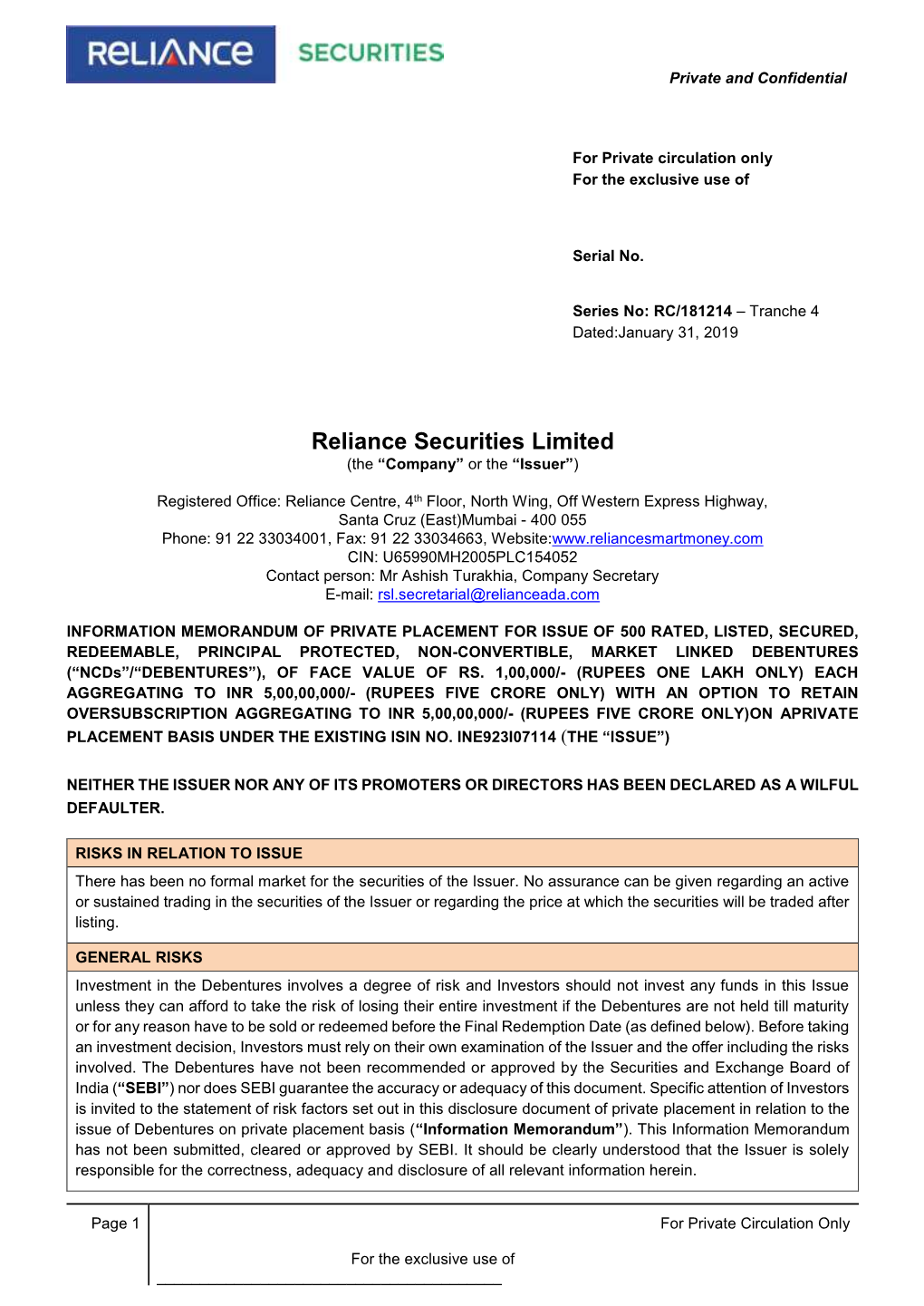 Reliance Securities Limited (The “Company” Or the “Issuer”)