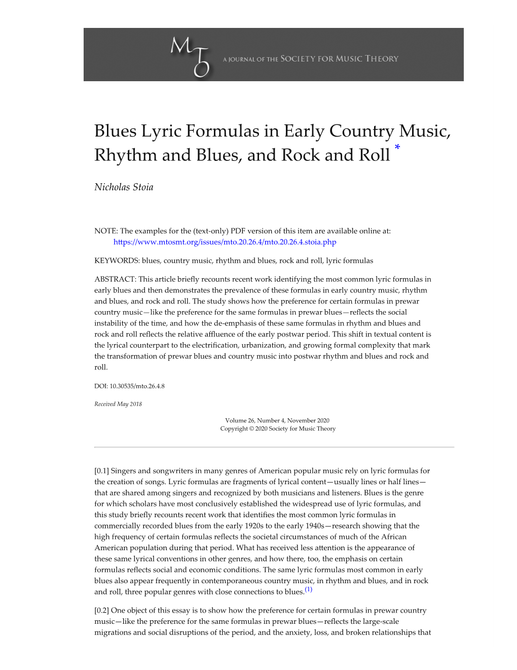 Blues Lyric Formulas in Early Country Music, Rhythm and Blues, and Rock and Roll *