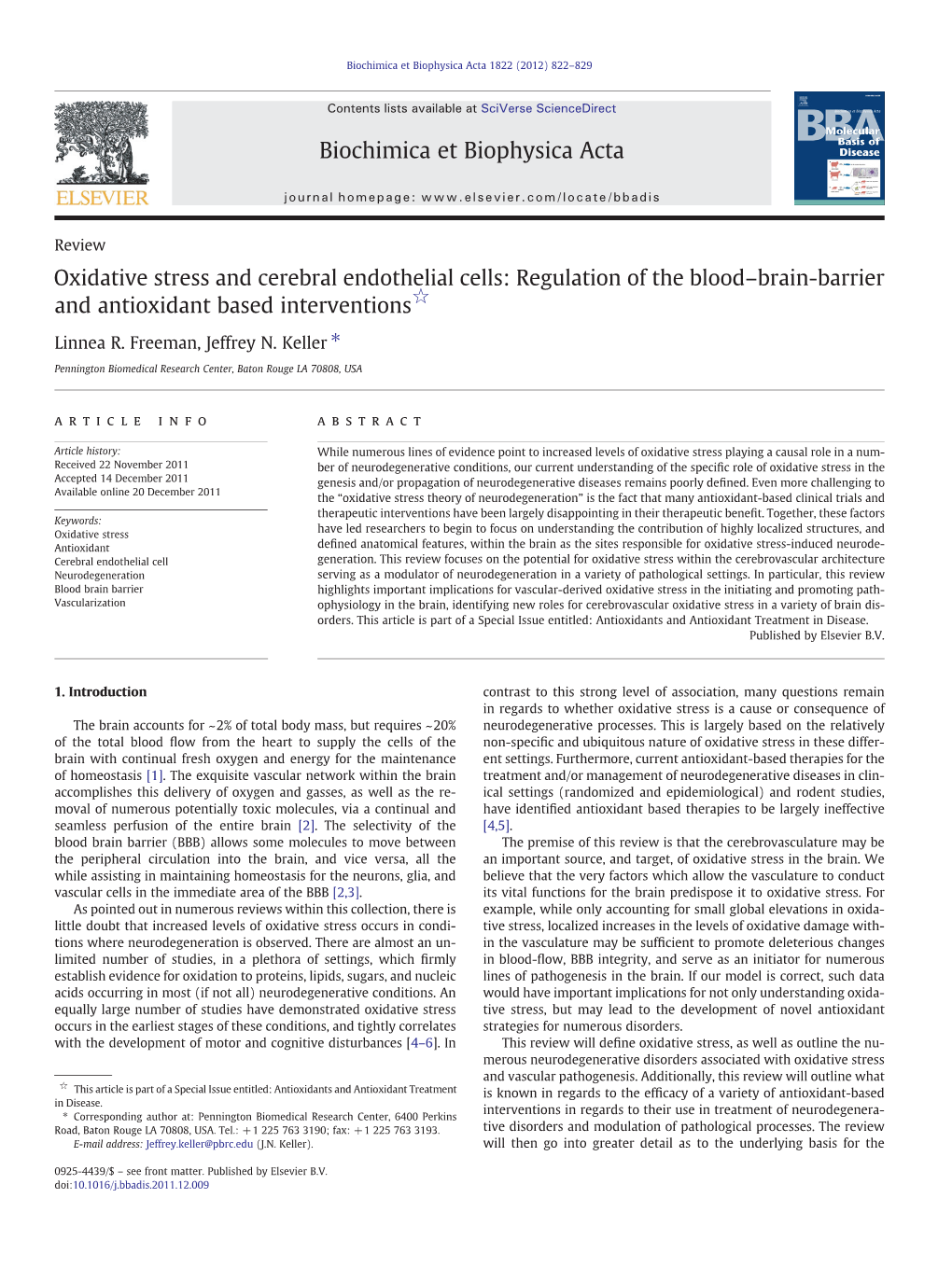 Oxidative Stress and Cerebral Endothelial Cells: Regulation of the Blood–Brain-Barrier and Antioxidant Based Interventions☆