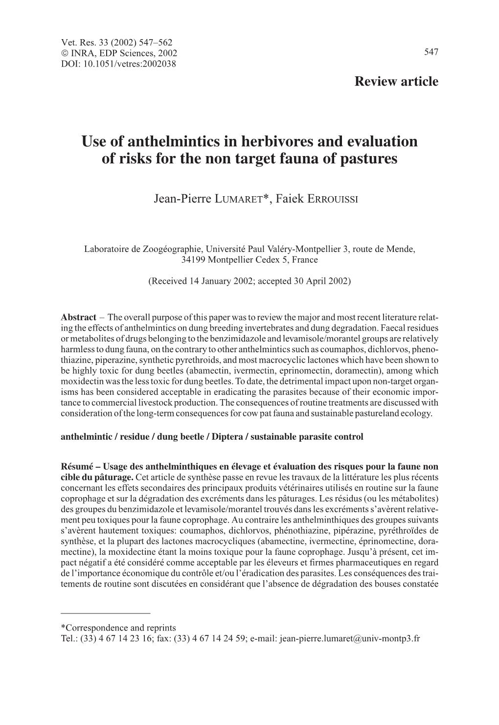 Use of Anthelmintics in Herbivores and Evaluation of Risks for the Non Target Fauna of Pastures